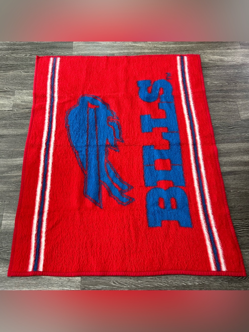 Vintage Buffalo Bills NFL Biederlack Throw Blanket Red Blue Plush USA 45”x 57”